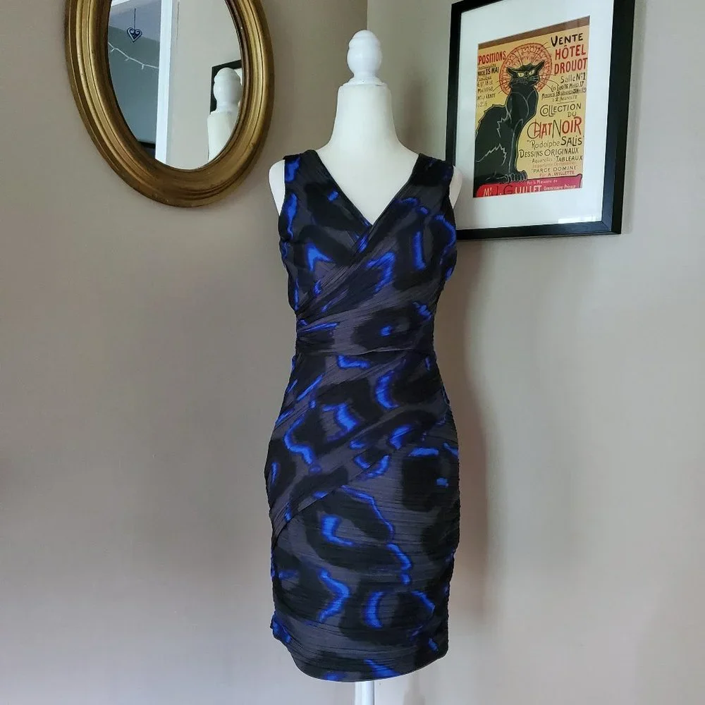Halston Heritage Blue and Gray Pleated Dress Size 4 - Picture 2 of 16